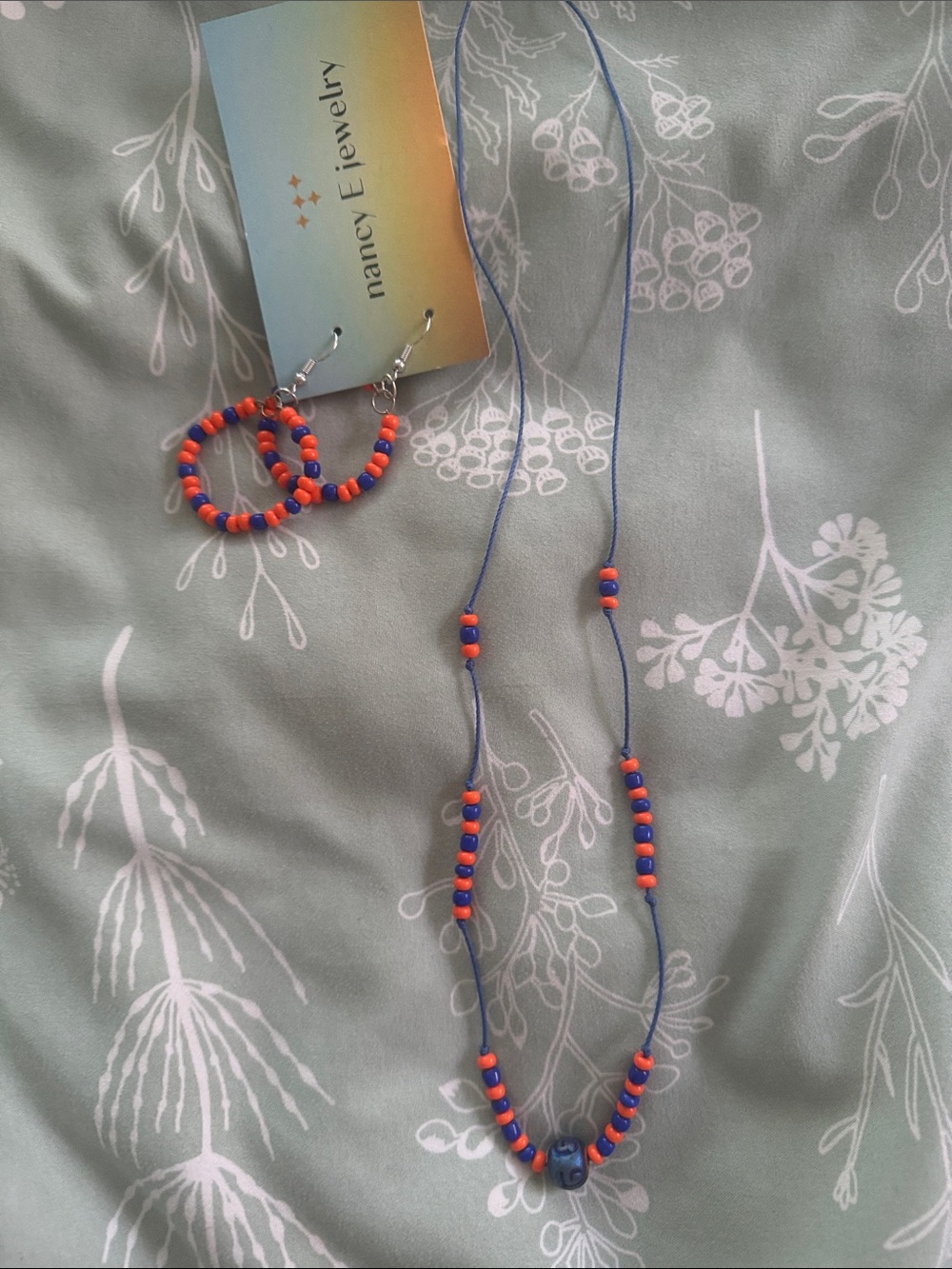 Orange & Blue Beaded Necklace and Earrings Set